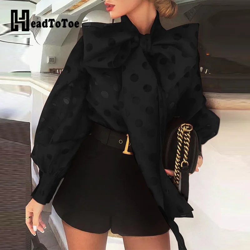 

OL Elegant Tied Neck Blouse Tops Workwear Women Polka Dot Lantern Sleeve Casual Knotted Blouse