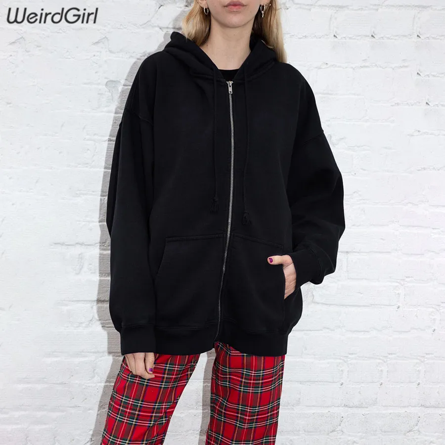 

Weirdgirl women thick warm hoodies for autumn winter casual fashion female loose solid sweatshirts hooded full sleeves zipper