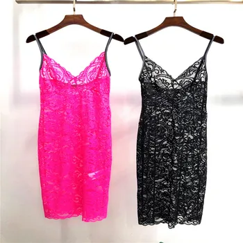 

New Sexy Lace Sling Mini Dress Knitted Elastic Sleelveless micro perspective lady Short Dresses Strap Robes