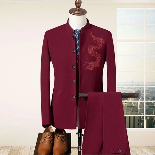 wine red 3 штуки, китайский стиль, воротник-стойка, мужские костюмы, мужская мода, китайский дракон, вышитый, классический, бизнес, свадебное платье для мужчин - Цвет: wine red