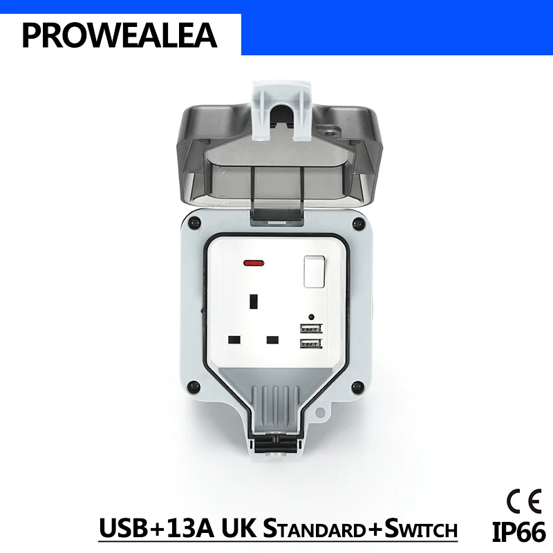 

Weatherproof Socket IP66 USB 13A UK Standard Switch Light Waterproof Socket Outdoor Wall Power Socket Electrical Outlet Grounded