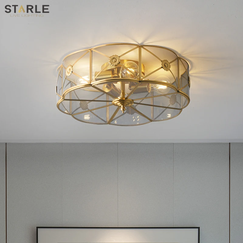 

Nordic Light Luxury Simple Modern Atmosphere Net Red Study Bedroom Led Lamp Copper Glass Round Indoor Lights E27 Ceiling Lamp