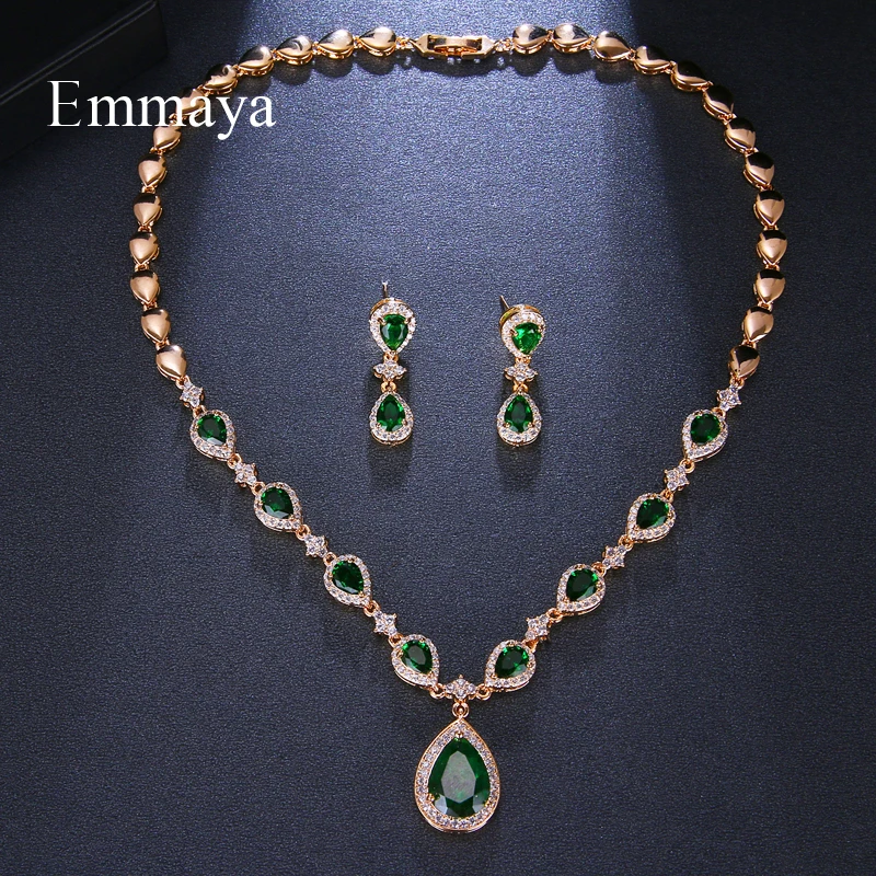 Emmaya New Arrival Rose Gold Green Waterdrop Appearance Zirconia Charming Costume Accessories Earrings And Necklace Jewelry Sets - Image 2