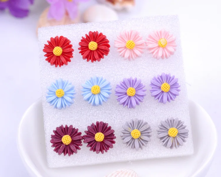 8Seasons New Fashion Colorful Rose Chrysanthemum Flower Plastic Stud Earrings Set For Women Party Club Earrings Jewelry,1Set