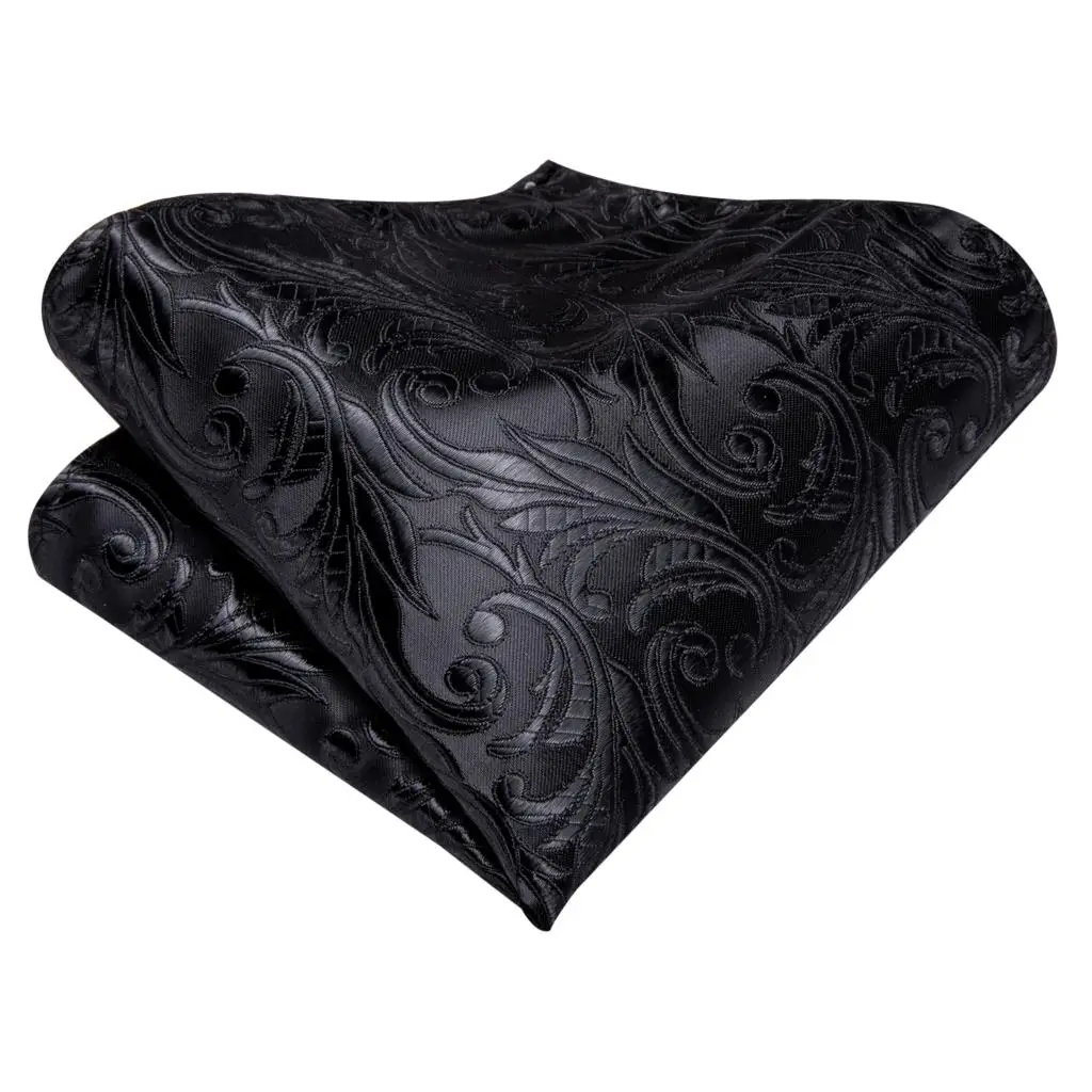 Black Floral Silk Wedding Tie Set - Elegant Necktie with Handkerchief  Cufflinks for Men