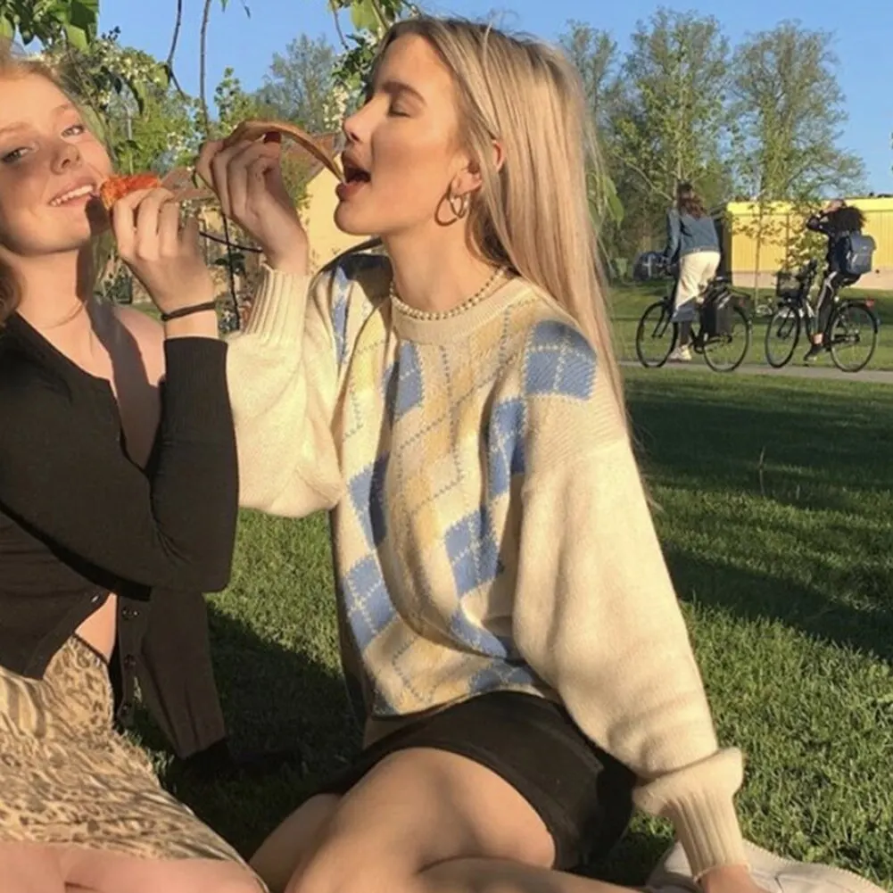 Suéter con rombos a cuadros para mujer, jersey tejido, estilo Y2K, suéter con rombos, cuello en V, estilo coreano