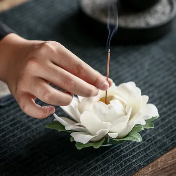 

Ceramic incense holder Household lotus incense tray Handmade Peony Chinese tea ceremony decorations zen incense sticks