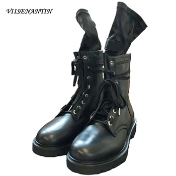

British Style Summer Back Zip Lace-up Short Sock Boots Thick Sole Heightened Long Motorcycle Boots Sewing Flat Slim Shoes Women