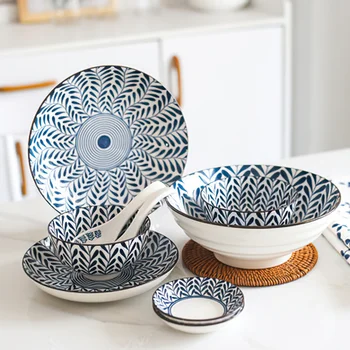 

Ceramics Cutlery Set Japanese Underglaze Blue White Porcelain Round Plate Bowl Spoon Dish Tableware Household Kitchen Supplies