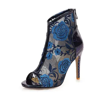 

2020 Women embroider summer Ankle Boots Gladiator 10cm High Heels Peep Toe Embroider ladies party club Shoes large size 41 42 43