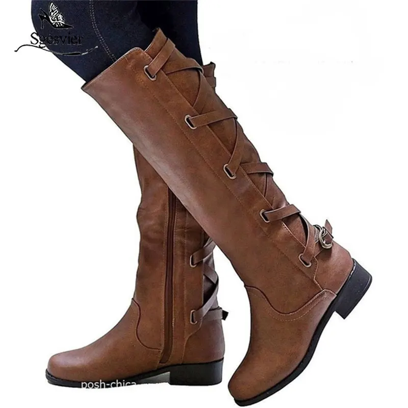 Sgesvier/ г. Большие размеры 34-43, женские сапоги до колена осенне-зимние сапоги на молнии с пряжкой удобная повседневная женская обувь на квадратном каблуке