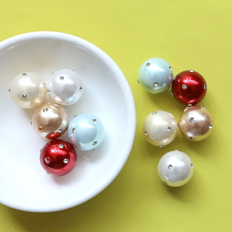 

Bright Bling Rhinestones Paved Round Acrylic Pearl Jewelry Beads 15pcs 16mm Loose Lucite Bracelet Necklace Earring Beading DIY