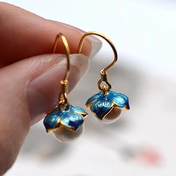 

New silver inlaid Nanhai Pearl Jingtai blue classic Earrings Chinese style minority design elegant charm women's brand jewelry