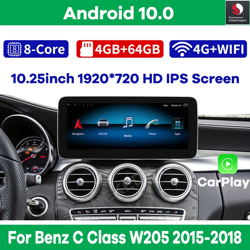 Snapdragon Android 10 Автомобильный мультимедийный плеер для Mercedes Benz C Class W205 2014 2018 с 4 + 64G