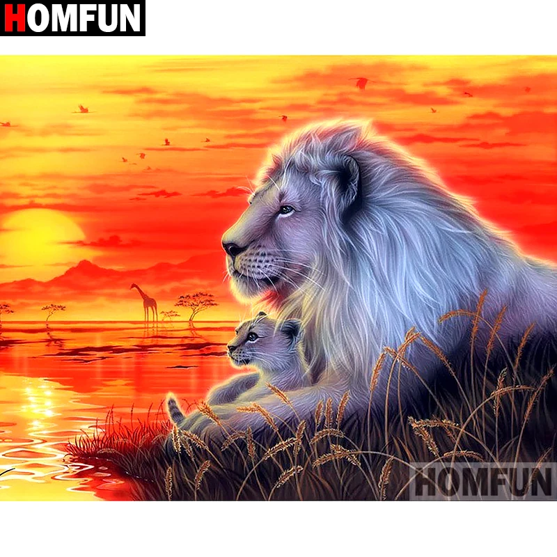 HOMFUN Full Diamond &quotAnimal lion sunset&quot DIY 5D Painting Cross Stitch Home Decor Picture Of Rhinestone Handmade A27302 | Дом и сад