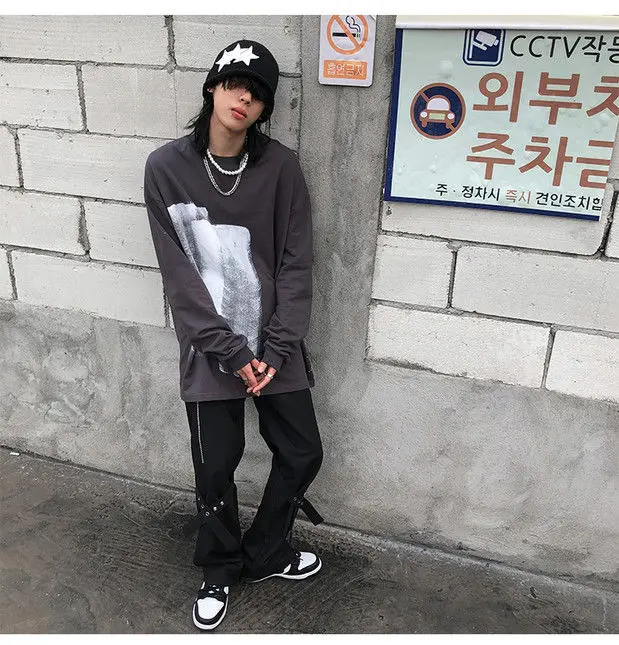 Description Picture 5 of itemHip Hop Men's Casual Pants Fashion High Street Vibe Ins Korean Design Flare Pants Male Joggers Streetwear Solid Black Gray