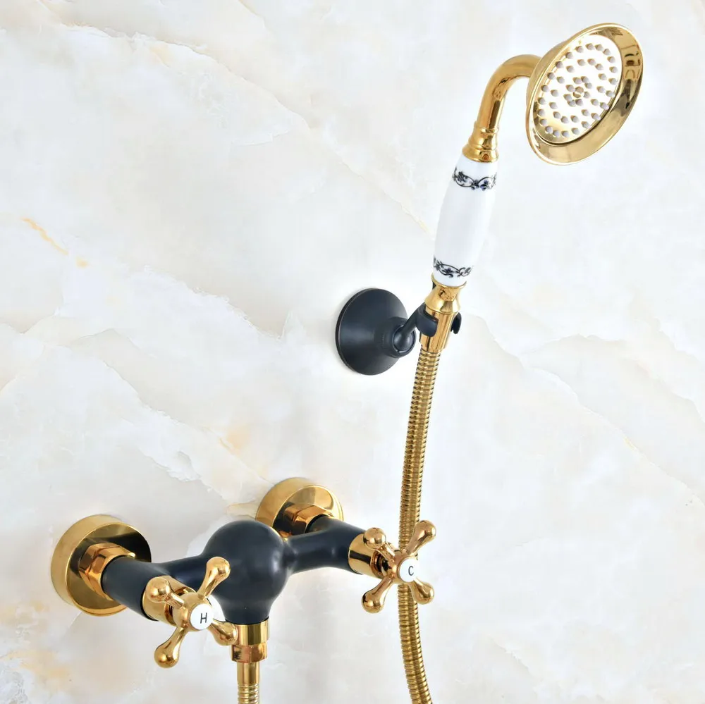 

Black Oil Rubbed & Gold Brass Wall Mount Bathtub Faucet with Handheld Shower Set +1500MM Hose Mixer Tap 2na511