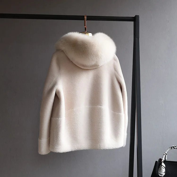 OFTBUY пальто с натуральным мехом, зимняя женская куртка, Воротник из натурального Лисьего меха, капюшон, шерсть, тканая верхняя одежда, плюшевый флис