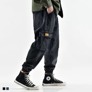 

Fashion Streetwear Men Jeans High Quality Loose Fit Big Pocket Cargo Pants Harem Trousers Black Gray Hip Hop Jeans Men Joggers