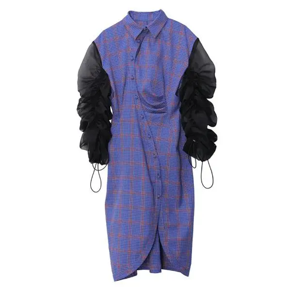 Plaid FW коллекция уникальный дизайн пышные рукава асимметричное длинное платье в клетку - Цвет: Plaid
