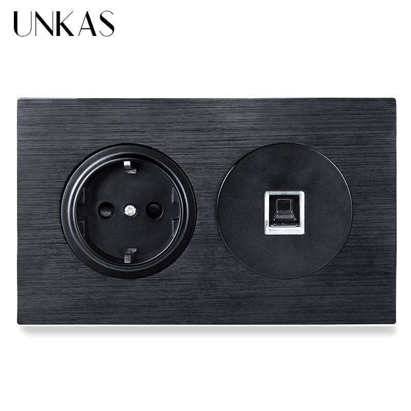 UNKAS 16A French Standard Port + Female RJ45 Internet Computer Jack Wall Socket 146MM*86MM Black Aluminum Panel Outlet | Обустройство
