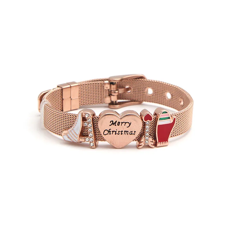Somsoar Jewelry Xmas Slide Charm Bracelet Stainless Steel Rose Gold Mesh Bracelet Bangles as Christmas's Day Gift