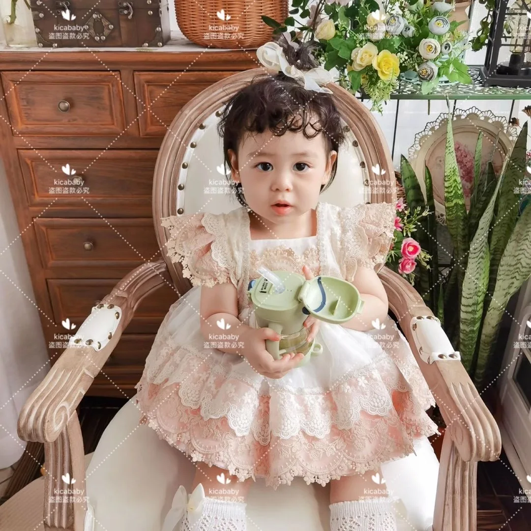 Roupas de Bebê Costura sem Mangas Verão Rendas Princesa Vestido Crianças Festa Aniversário Páscoa Eid Spaninsh Menina Lolita A181 6 High Quality Mamãe e Bebê