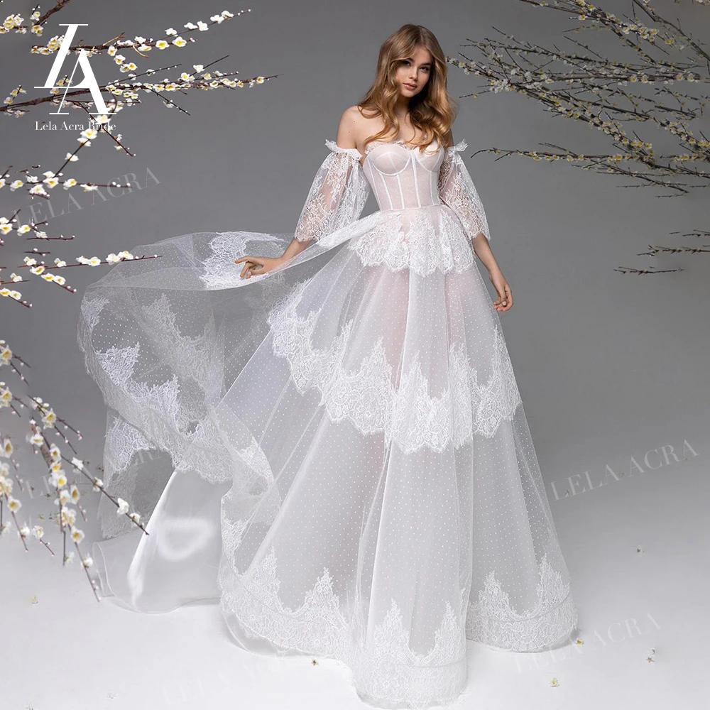Romantic Lace Wedding Dress Fairy 2 In 1 Sleeve A-Line Court Train Illusion Princess LelaAcra R004 Bride Gown Vestido De Noiva | Свадьбы и