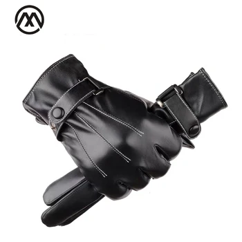 

2019 new winter women's leather gloves women's touch screen black gloves plus velvet quality cotton all fingers warm gloves