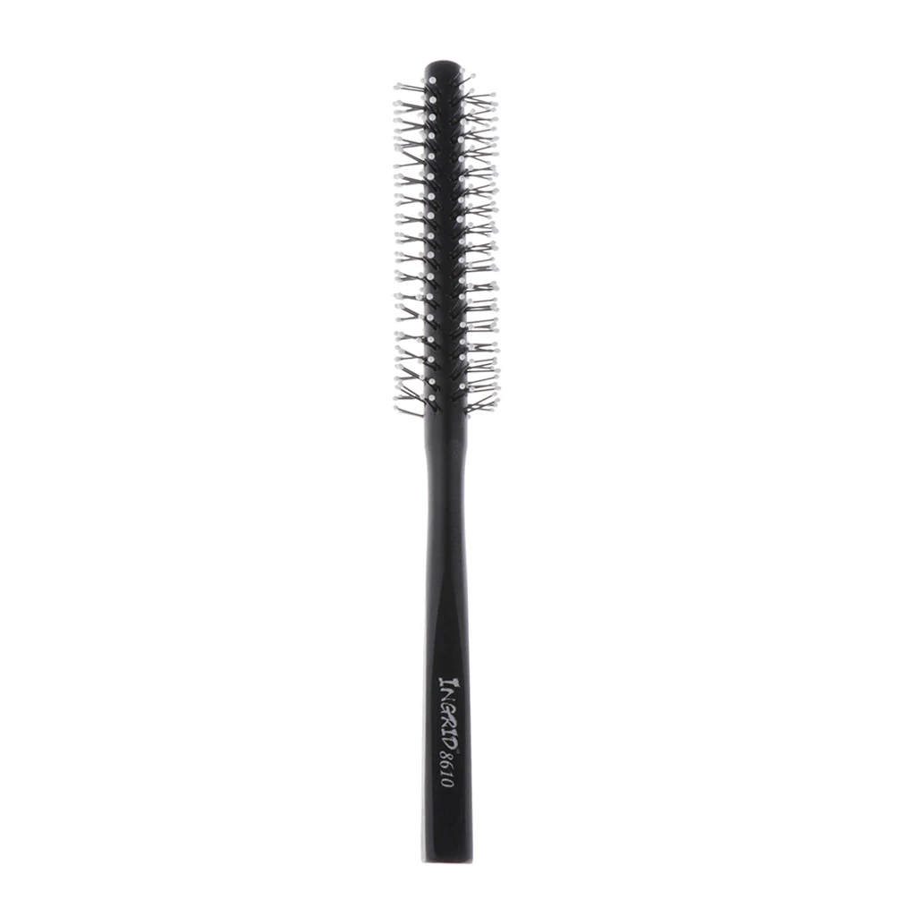 1 Piece Small Mini Round Hair Brush Nylon Bristles, Black Long Wood Handle Hair Blow Drying Styling Roll Hairbrush