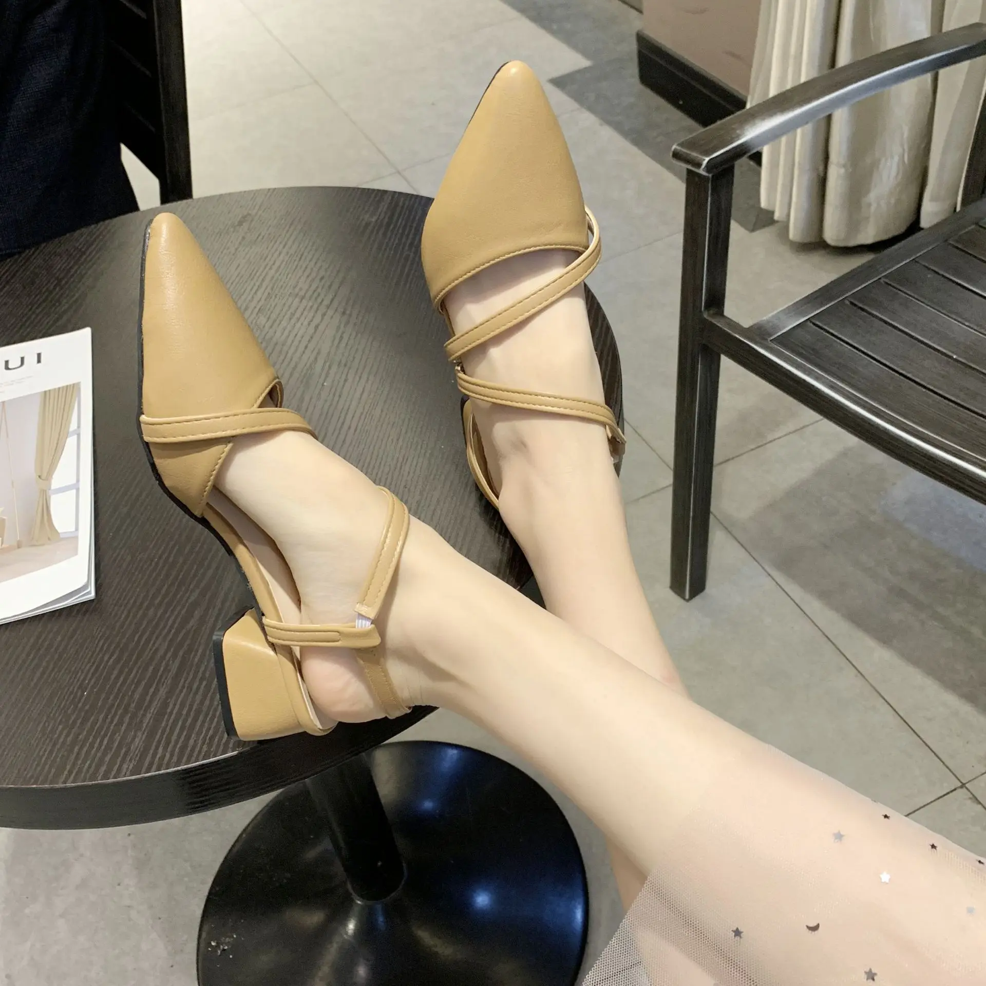 

2019 Korean-style Chunky-Heel Closed-toe Slip-on Sandals Women's Semi-high Heeled Retro Pointed-Toe Versatile WOMEN'S Shoes