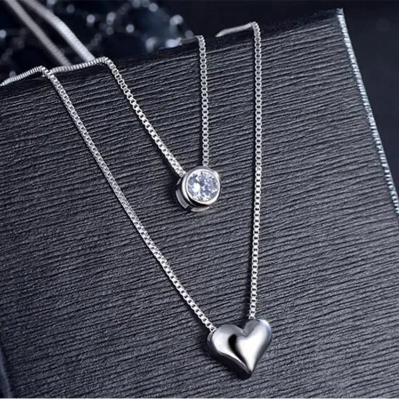 

925 Sterling Silver Necklace Double Layer Chain Zircon Heart Pendants Necklaces For Women kolye Choker S-N157