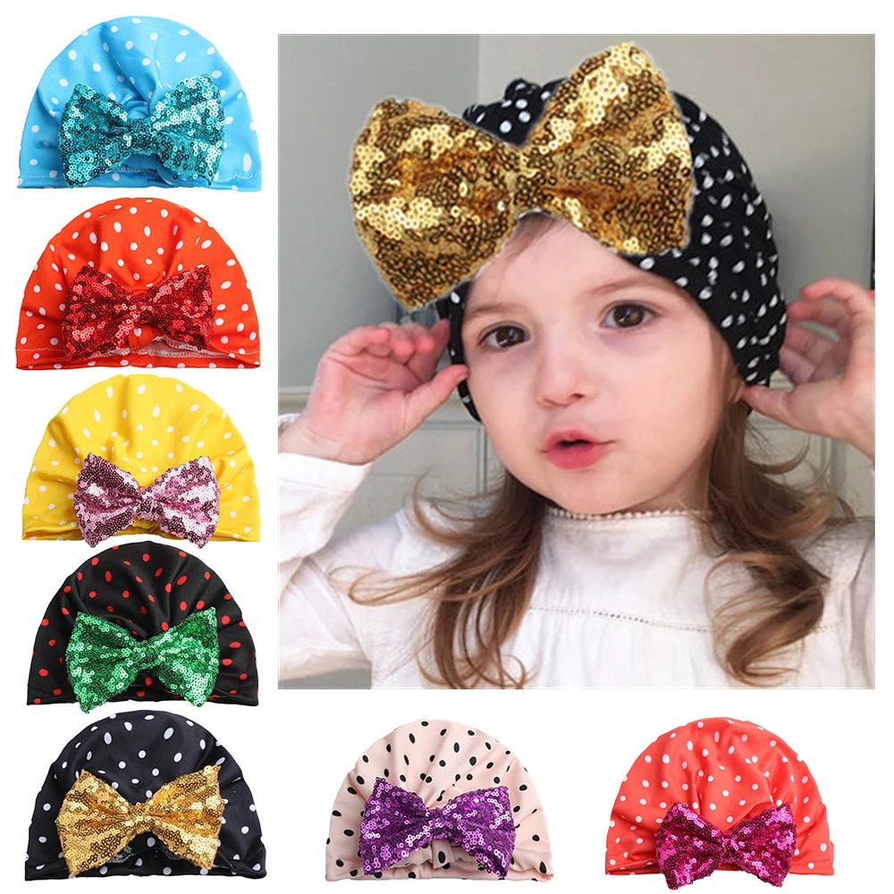 

Sequin Bow Decor Baby Hat Cute Dot Printed Milk Silk Infant Sparkle Beanie Cap Sweet Elastic Cotton Baby Infant Hats for Girls