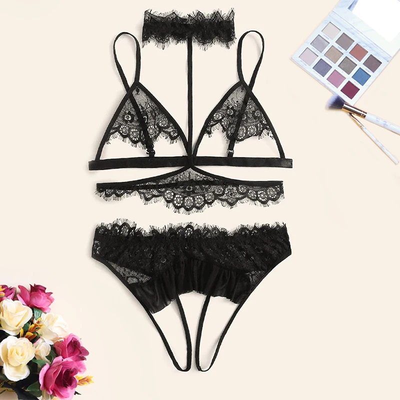 

Bra set Sexy Lingerie Seamless Brassiere Crotchless Panties set Women's Lace Underwear Transparent Halter Lingerie set