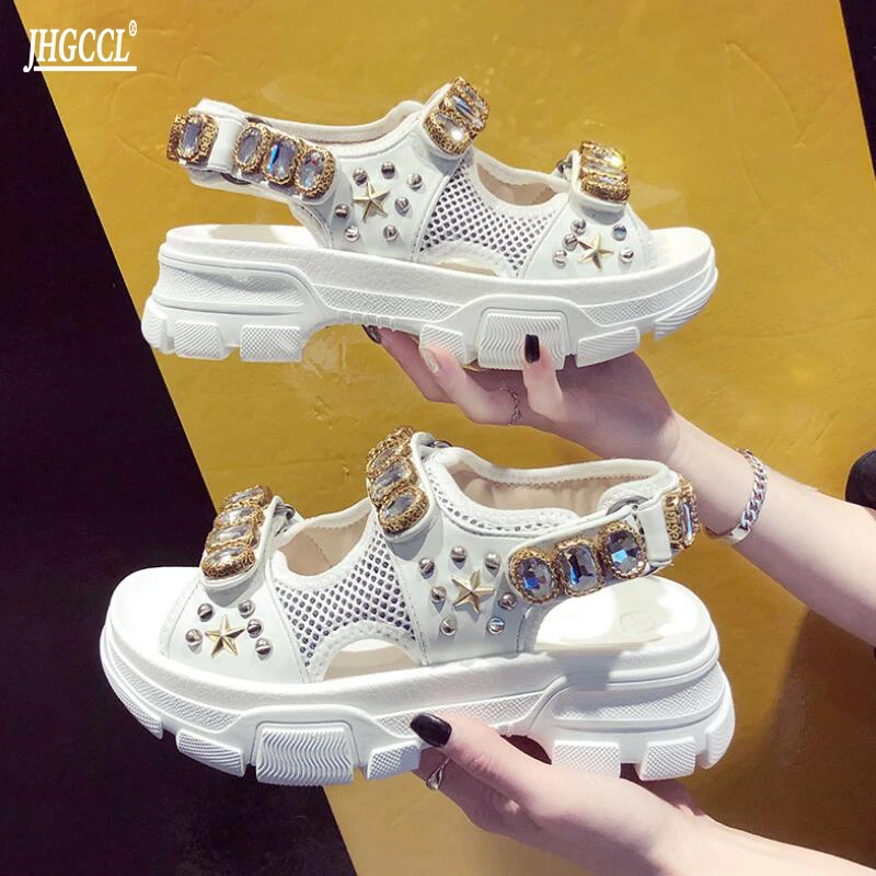 Rhinestone Chains Air Mesh Women Casual Shoes Round Toe Lace Up Runaway  Outwear Black White Wedges Leisure Jewel Shoes Woman A35|Low Heels| -  AliExpress