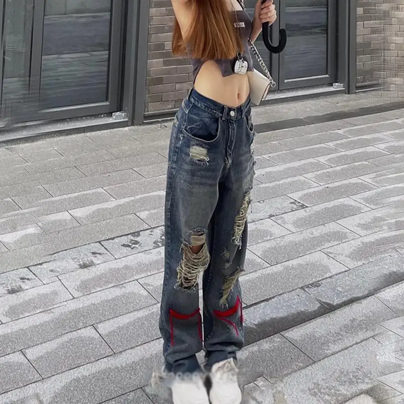 Vintage Ripped Jeans Denim Hippie Pants Hip Hop Do Old Straight Leg Women Low Waist Grunge Hole Streetwear y2k | Женская одежда