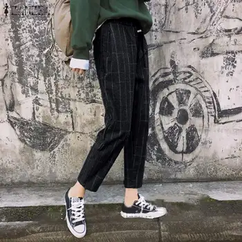 

Spring Women's Elastic Waist Trouser ZANZEA Elegant Check Harem Pants Casual Long Pantalon Palazzo Female Plus Size Plaid Turnip