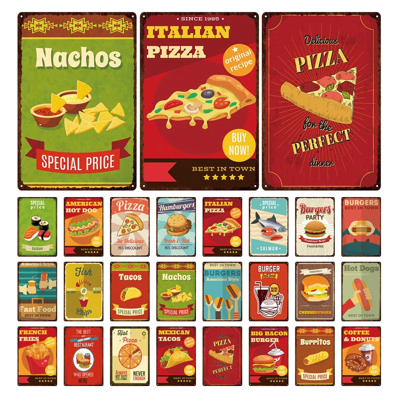 Pizza Hanburger Tin Poster Plate Vintage Burger Fried Chicken Shop Decor Kitchen Metal Sign Plaque | Дом и сад