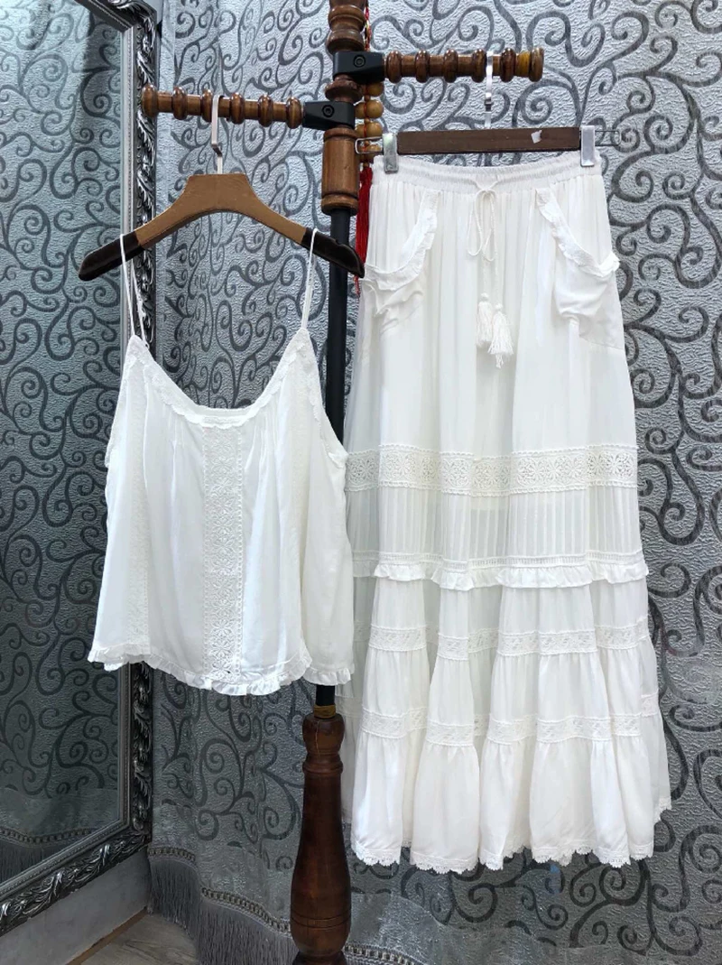 GypsyLady White Cotton Boho Skirt Summer Lace Maxi Skirts Ruffles Tiered Elastic Waist Women Holiday Beach Gypsy Long Skirt
