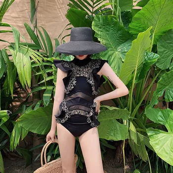 

One Piece Swimsuit Woman Womens Swim Suit One-Piece New Retro Black Sexy Lace Backless Embroidery Solid Women Swimsuit Monokini