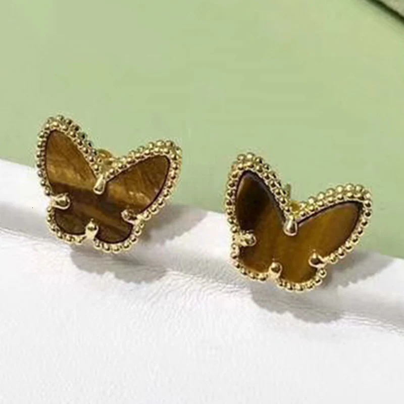 brown butterfly Брендовые ювелирные изделия из чистого 925 пробы серебра для женщин, маленькие серьги-бабочки, перламутровые серьги золотистого цвета, вечерние ювелирные изделия - Окраска металла: brown butterfly