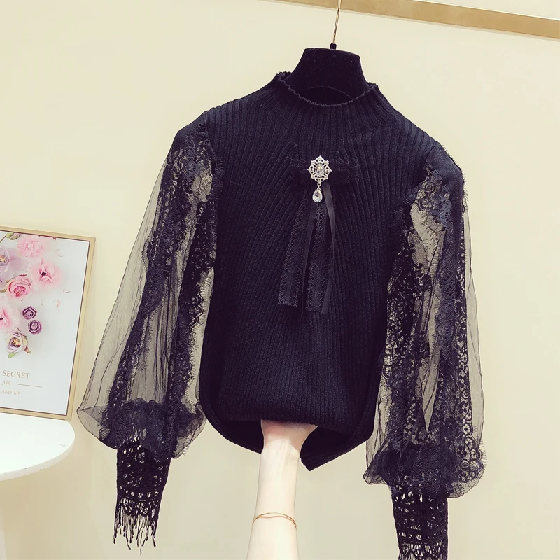 

Lace Lantern Sleeve Sweater Women's White Sweater Shirt 2020 Spring Clothing New Elegant Slim Fit Knitted Shirt Ladies Tops