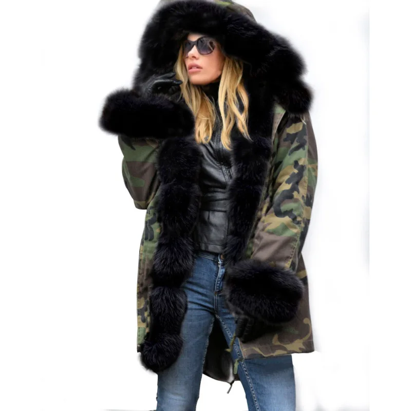 Осенне-зимняя женская меховая куртка пальто винтажное свободное камуфляжное пальто с капюшоном больших размеров женская теплая верхняя одежда топы - Цвет: WZ6198Black
