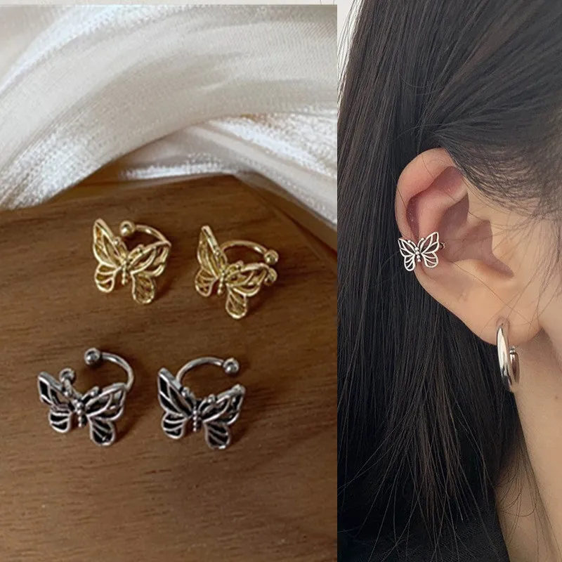 Clips de oreja de mariposa calados de Metal Vintage para mujer y niña, joyería sin Piercing, oreja de cartílago falsa