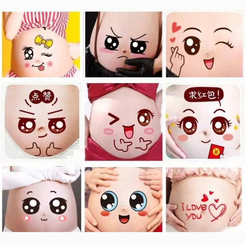 

2Pcs Pregnant Women Body Temporary Tattoo painting Cute Cartoon Expression Pregnant Facial Stomach Belly Sticker Photo Prop