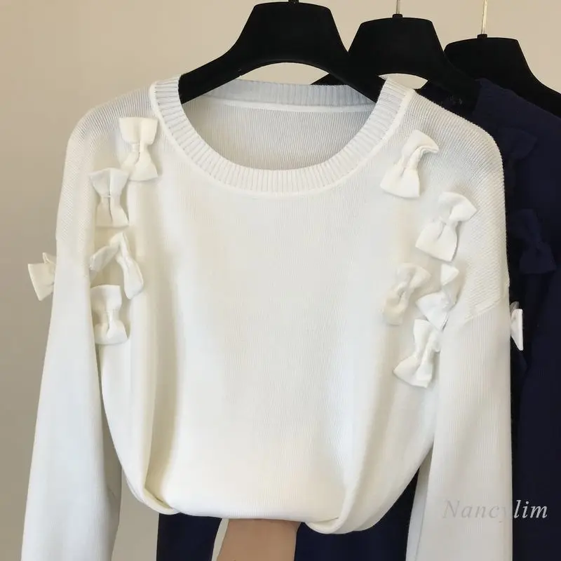 

Bow Sweater Women 2021 Spring Autumn New Sweet Butterfly Round Neck Pullover Knitwear Knit Top Female Clothes White Pink Black