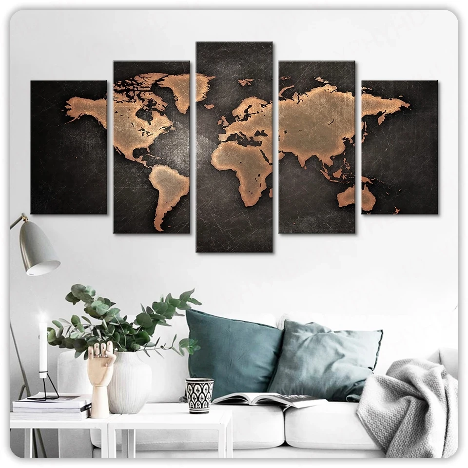 

5 панельных картин HD абстрактный холст для гостиной настенный плакат Ретро Карта мира декоративные картины модульные без рамки