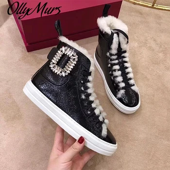 

Fashion High Top Sneakers Square Buckle Bling Crystal Decor Martin Boots Leather Lace Up Women Ankle Boots Warm Fur Winter Boots