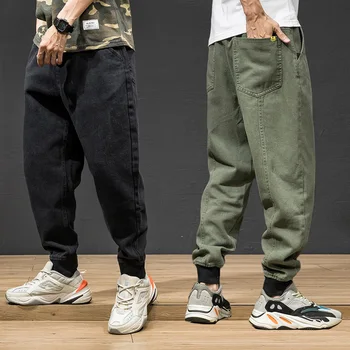 

Fashion Streetwear Men Jeans Loose Fit Black Green Red Spliced Cargo Pants Designer Harem Trousers Hip Hop Jeans Men Joggers