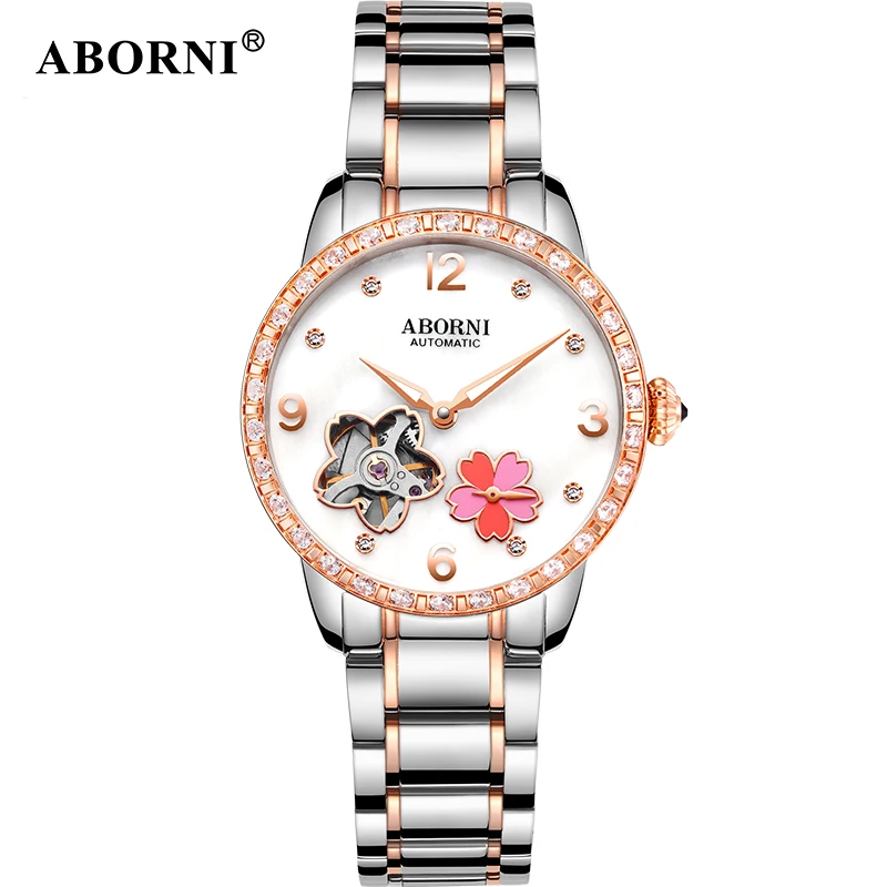 

ABORNI 2019 Stainless Steel Band Waterproof Lady Luminous Mechanical Watches Top Brand Luxury Clock Genuine Leather Women Watch